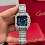 Cartier Santos De Cartier 39.8mm Blue Dial Full Moissanite HongKong –  Customize Diamod