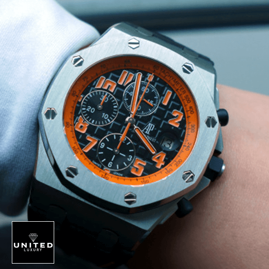 Audemars Piguet Orange Black Dial Steel Bezel Replica on the wrist
