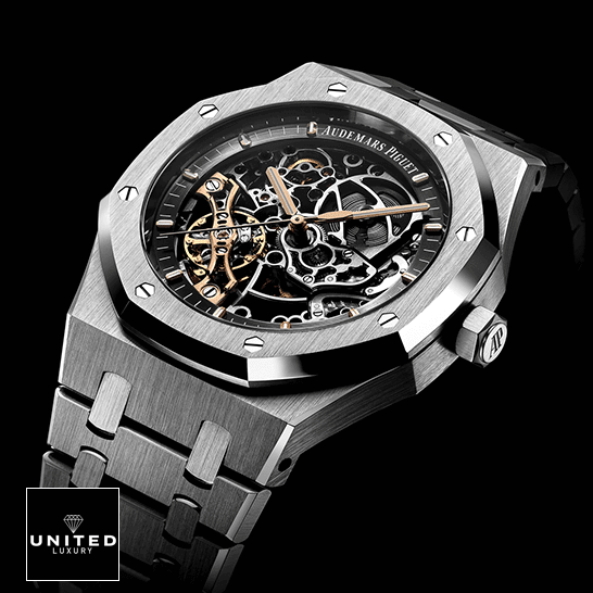 AP Royal Oak "Skeleton" Openworked 15407ST.OO.1220ST.01 Perfect Duplicate Edition Audemars Piguet Royal Oak Steel Skeleton Dial Replica black background