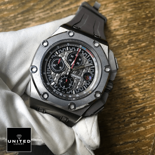 Audemars Piguet Royal Oak Grey Dial Steel Bezel Replica on te white glove hand
