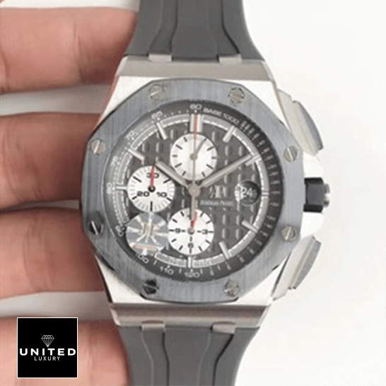 Audemars Piguet Royal Oak Offshore Chronograph 26401RO.OO.A002CA.01 Elite Clone Edition audemars piguet royal oak offshore novelty chronograph 26400IO.OO .A004CA man left AP Royal Oak Novelty Grey Rubber Bracelet & Dial Replica white background