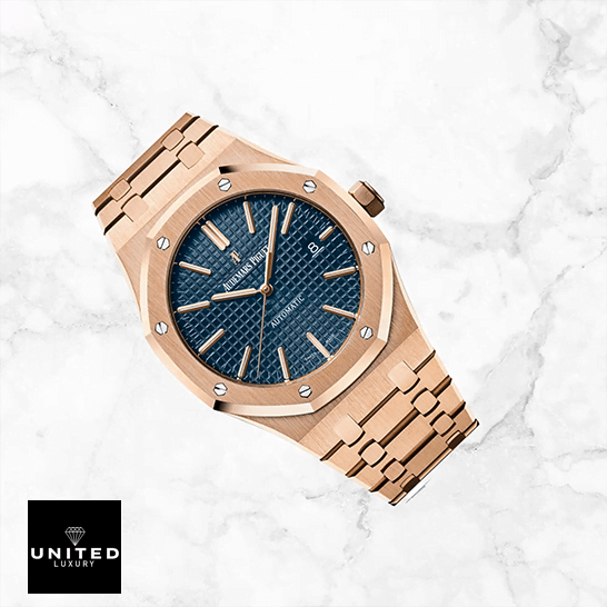 Audemars Piguet Royal Oak Pink Gold Blue Dial Replica white ceramic background