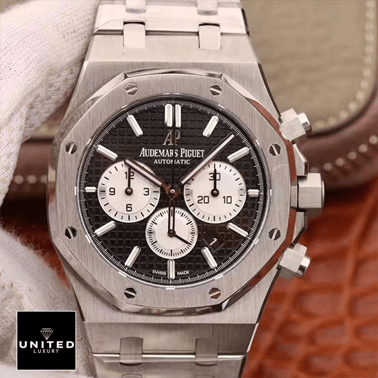 Audemars Piguet Royak Oak Black Dial Replica stainless steel on the hand