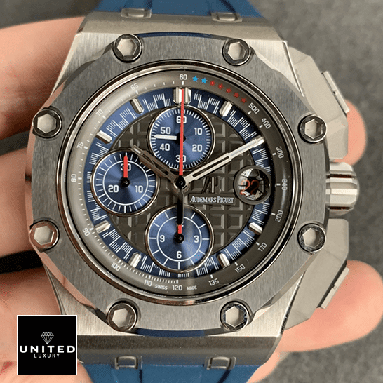 Audemars Piguet Royal Oak Black Dial Blue Rubber Bracelet Replica front view